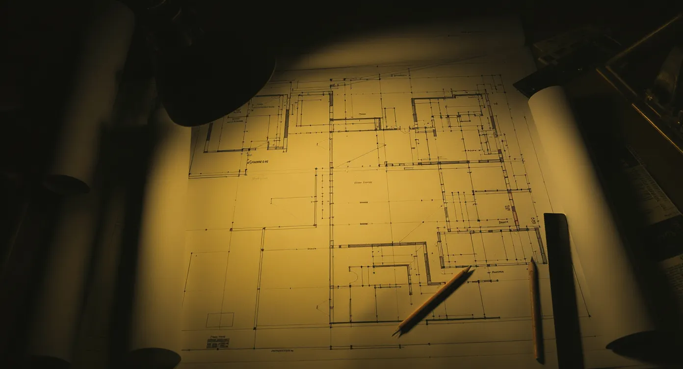 A building blueprint on a drafting table under warm light