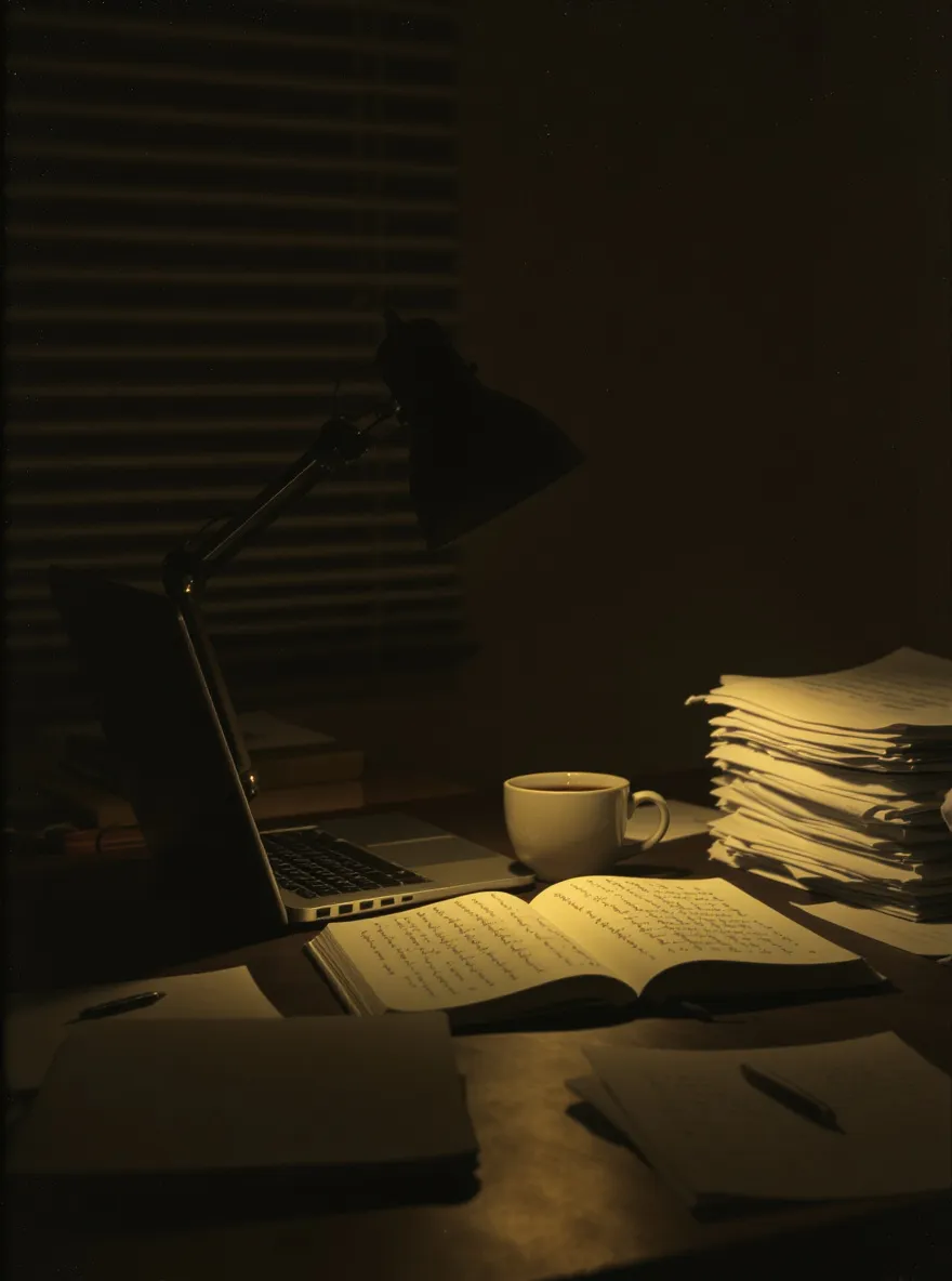A founder's desk late at night, papers stacked under a single lamp