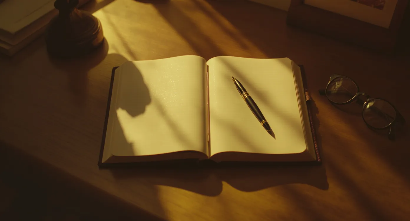 An open ledger and fountain pen in calm morning light