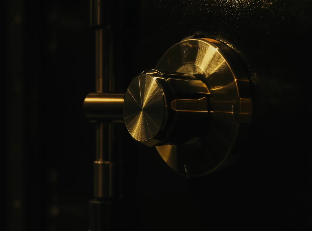 A brushed-brass vault dial on a dark door
